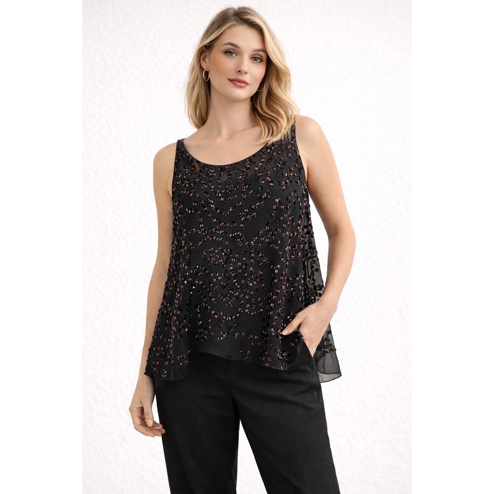 Adam Lippes Black Sheer Embellished Silk Top Size 6 Sleeveless Lurex